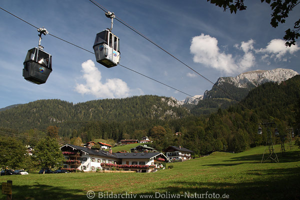 Bergbahn-Gondeln am Himmel Foto Jenner-Fahrt von Talstation in Alpen ber Gasthfe