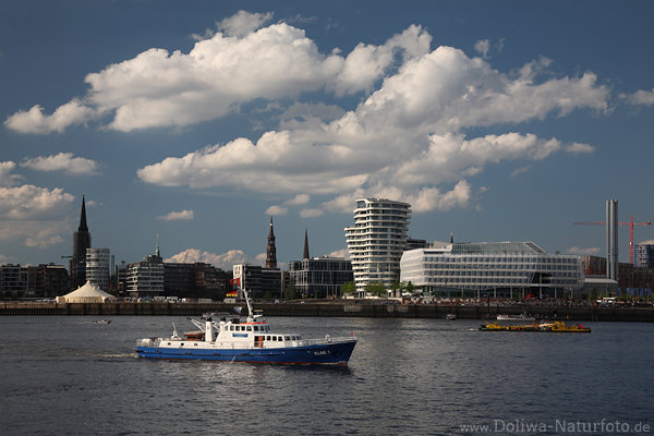 Hamburg Elbwasser Sdblick Skyline unter Schnwolken mit Polizeiboot auf Elbpatrouille