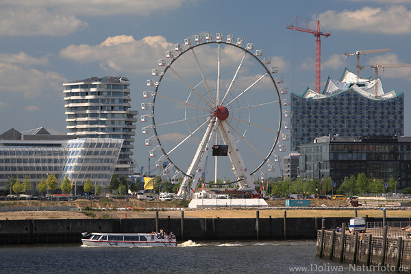 berseeplatz Foto Riesenrad in HafenCity Hamburg neue Bauwerke Panorama am Elbwasser mit Elbphilharmonie im Hintergrund