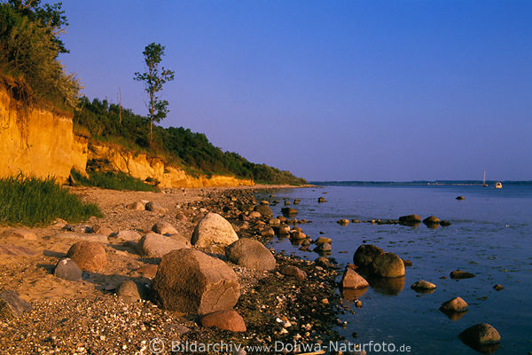Meerkste Insel Poel Hochufer Naturfoto steile Sandwand Steine in Wasser bei Abendlicht
