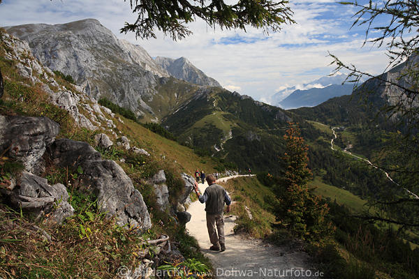 Jennerpfad Wanderer vorsichtig am Felsen gehen