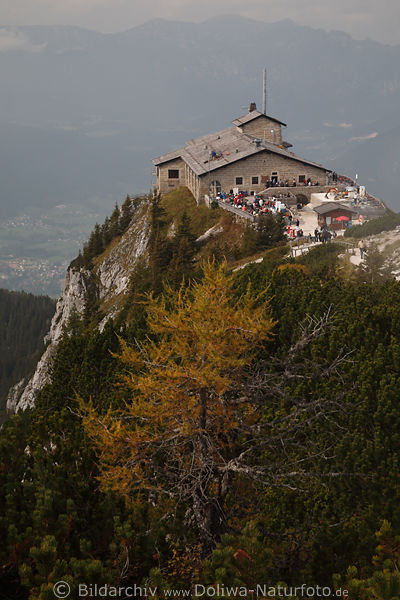 Kehlstein Berggaststtte auf Felsgipfel bewachsen mit Kieferbumen