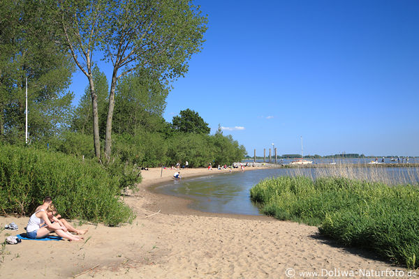 Sandbucht Elbstrand Kollmar Wasserufer Elbe-Naturidyll sonnende Touristen