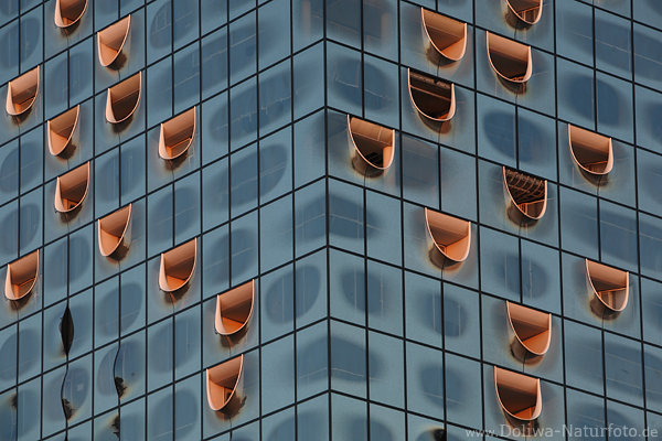 Elbphilharmonie Hamburg Wandffnungen rtliche Fenster blaue Fassade Aussenwand Ausschnitt