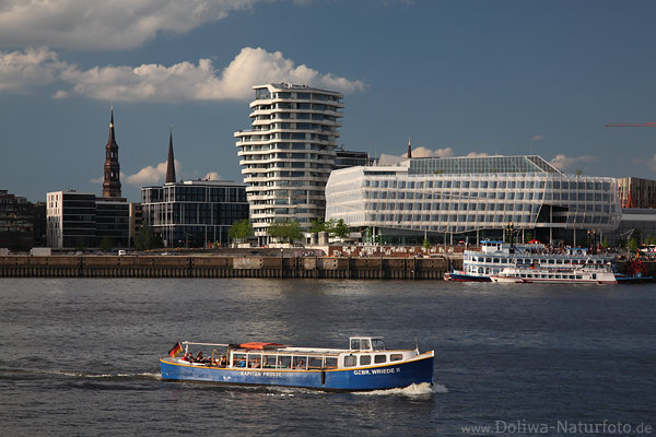 Elbblick HafenCity Hamburg Strandkai Penthouse Kirche Barkasse in Wasserlandschaft