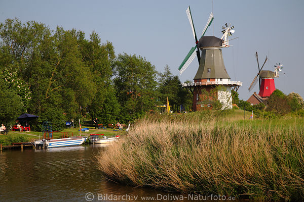 Greetsieler Zwillingsmhlen, Wasserkanal, Tieflandschaft, Postermotiv Krummhrn