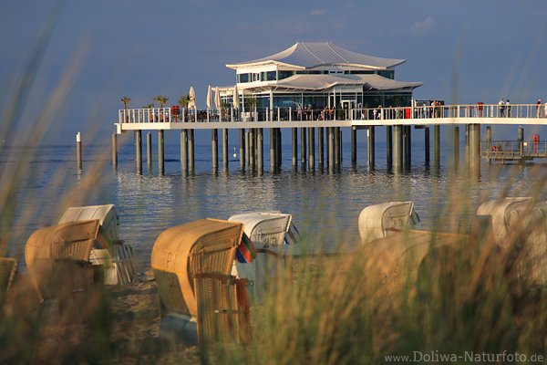 Seebrcke Timmendorfer Strand OstseePfahlbau Foto Meerufer Krbe Grser in Abendlicht